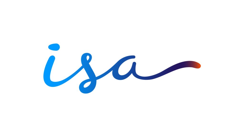 Logo da ISA Energia com tipografia cursiva em degradê azul e laranja
